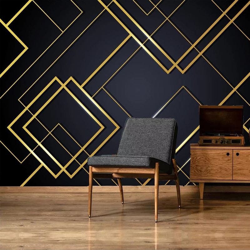 Geometric black and gold wallpaper in modern living room setting with minimal furniture and tall windows
