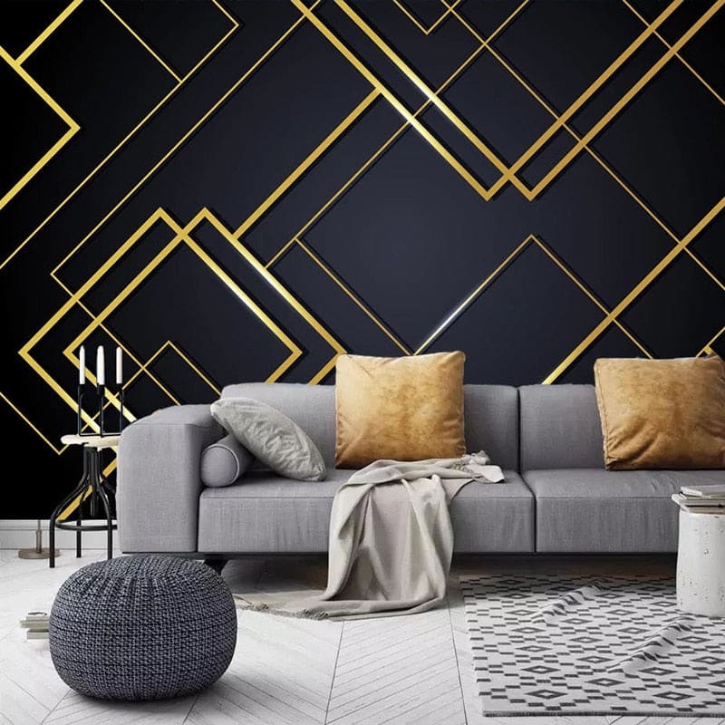 Black and gold geometric wallpaper in master bedroom creating dramatic accent wall