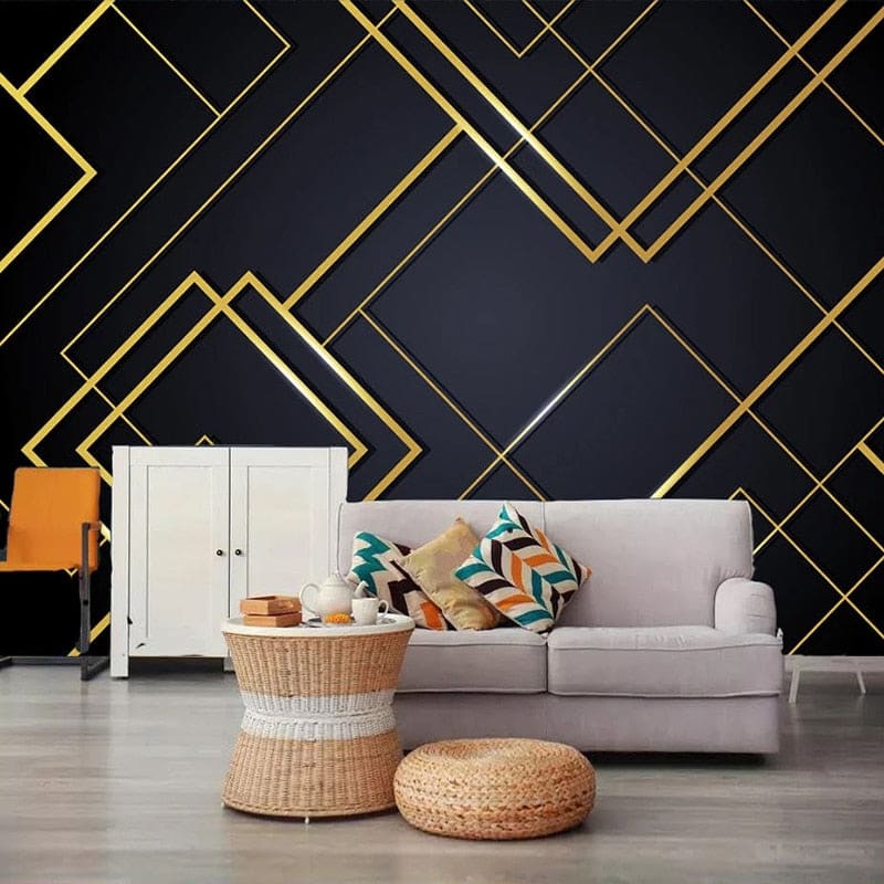 Geometric pattern wallpaper showcased in home office with modern furniture