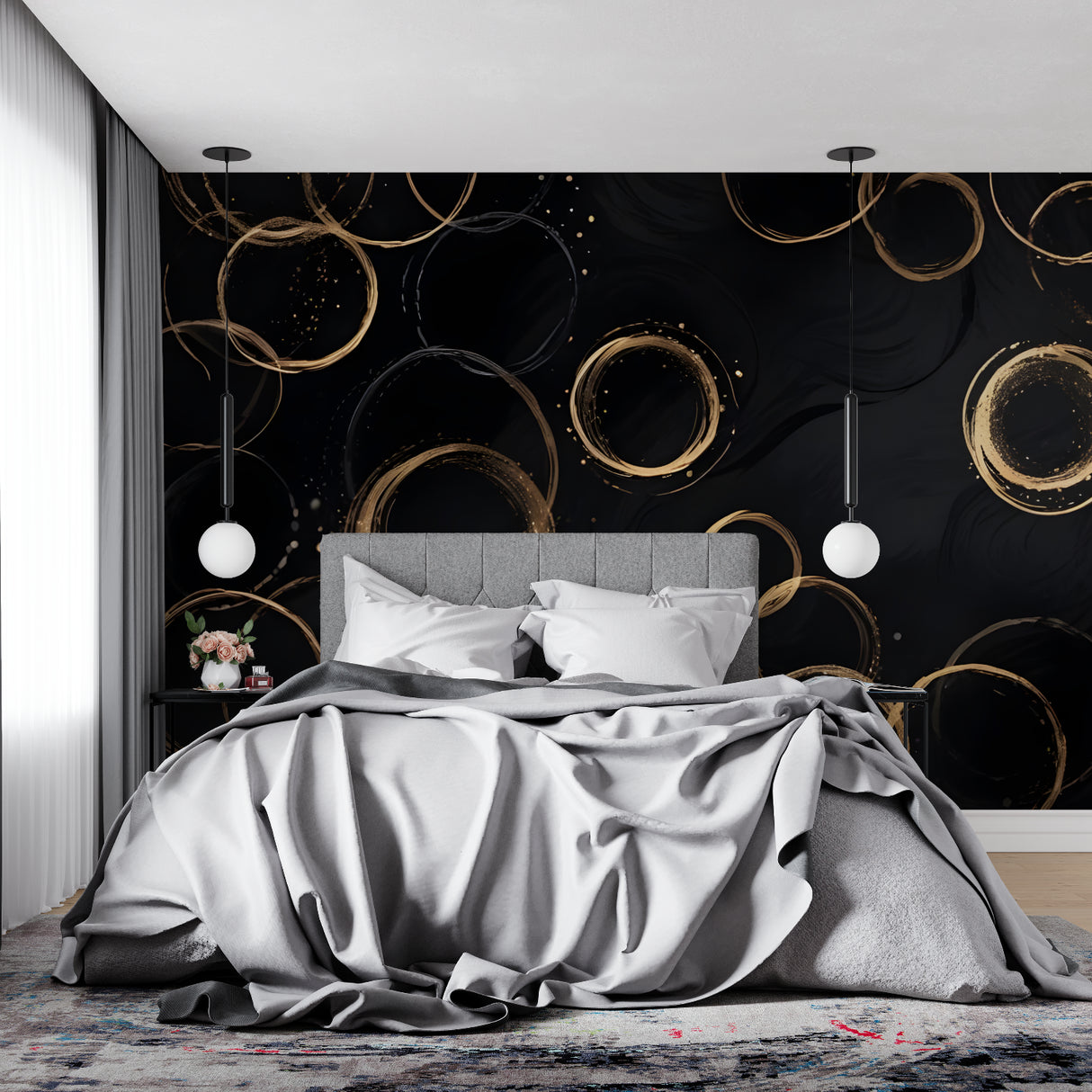 Black and gold circular wallpaper bringing sophistication to a master bedroom accent wall