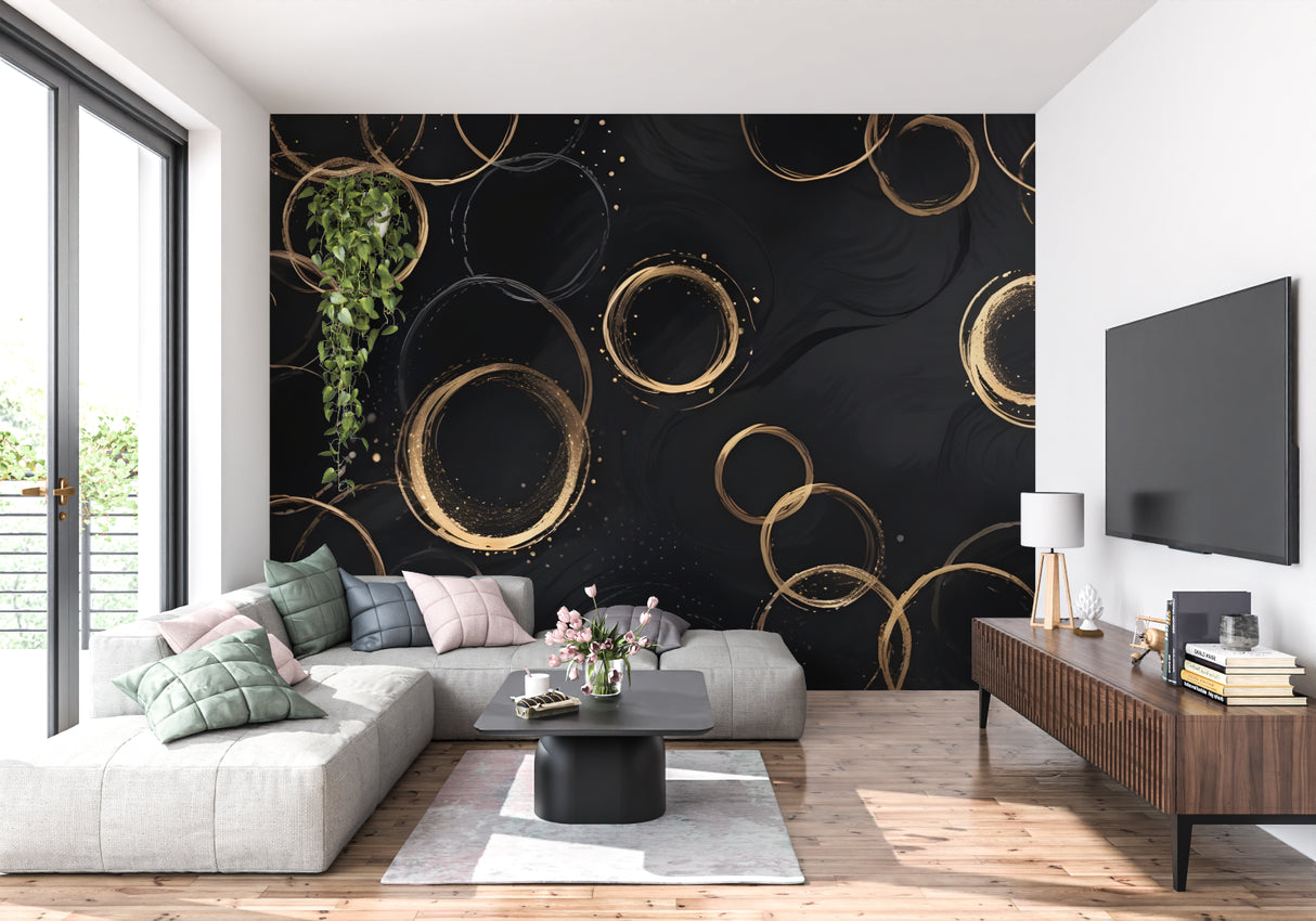 Modern geometric wallpaper adding luxury to a home office with golden accents