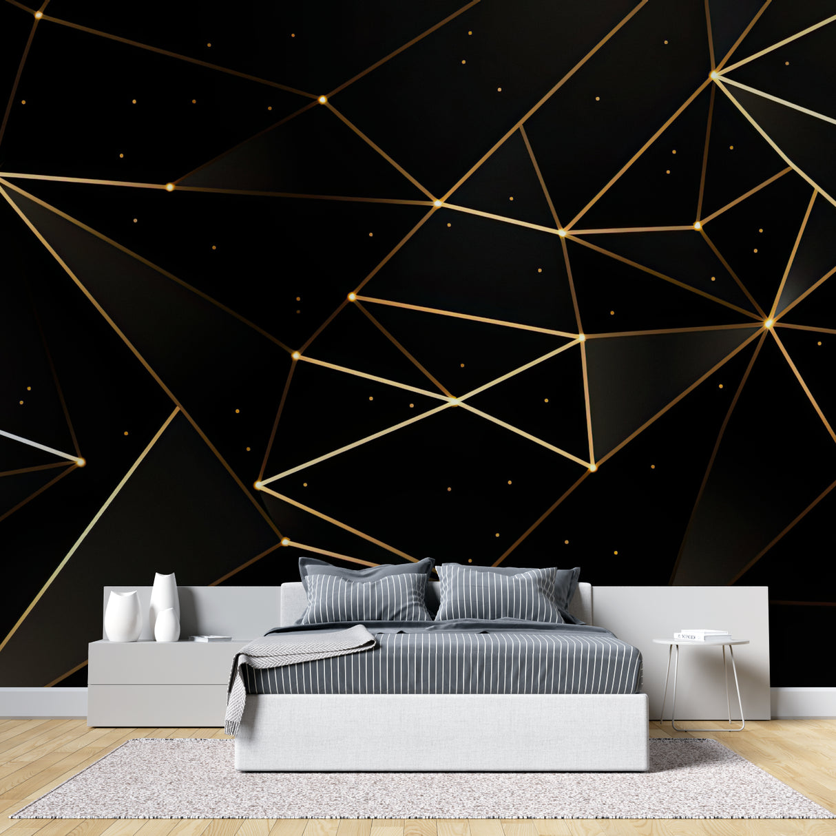 Black and gold geometric wallpaper in modern living room, showing constellation pattern catching evening light