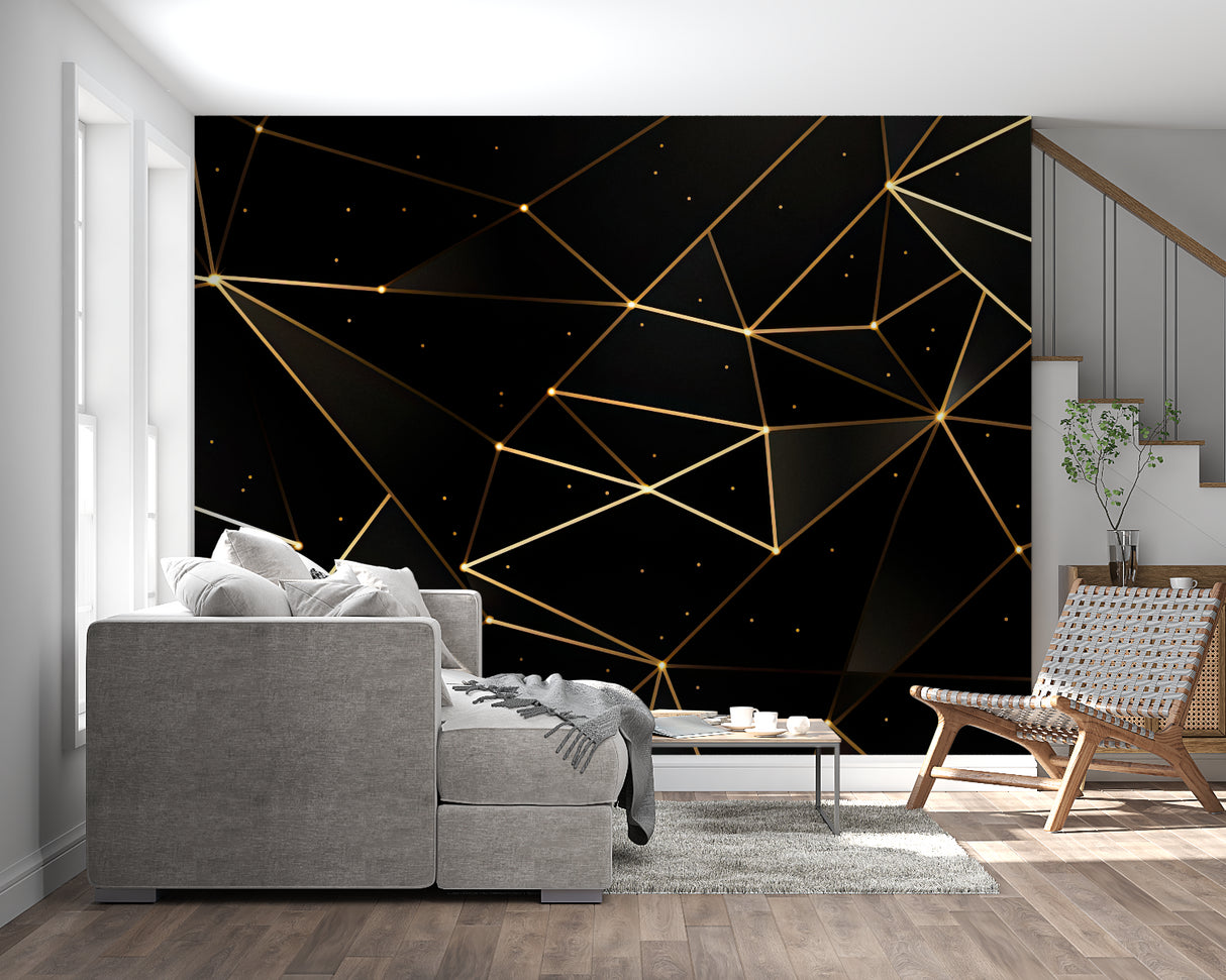 Geometric constellation wallpaper creating dramatic effect in master bedroom