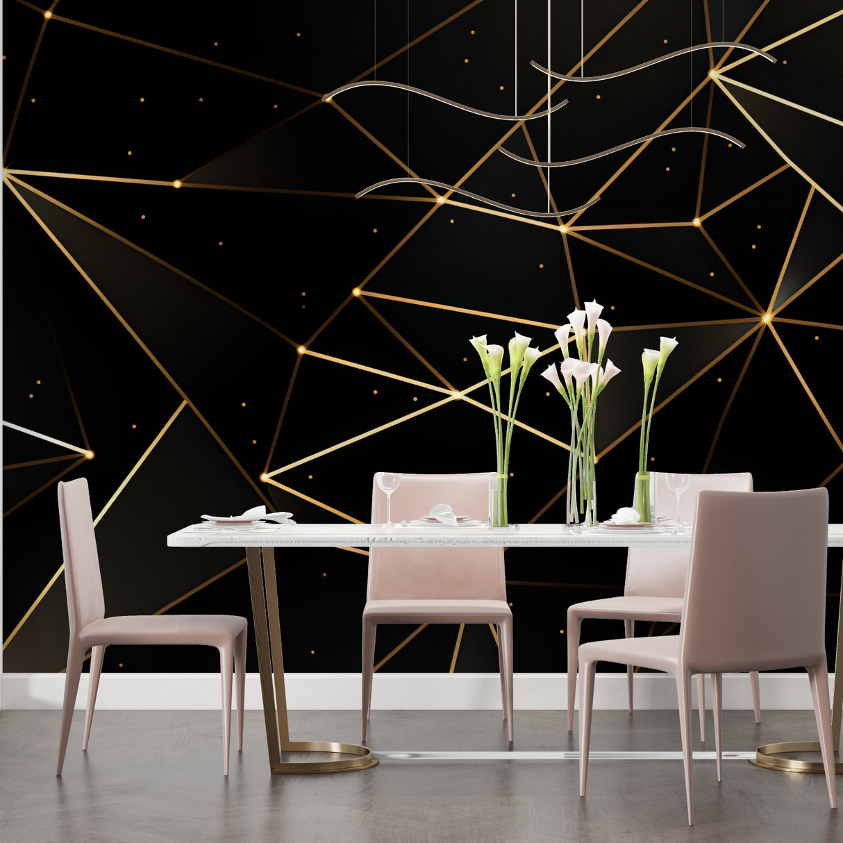 Black and gold geometric pattern adding luxury to dining room wall