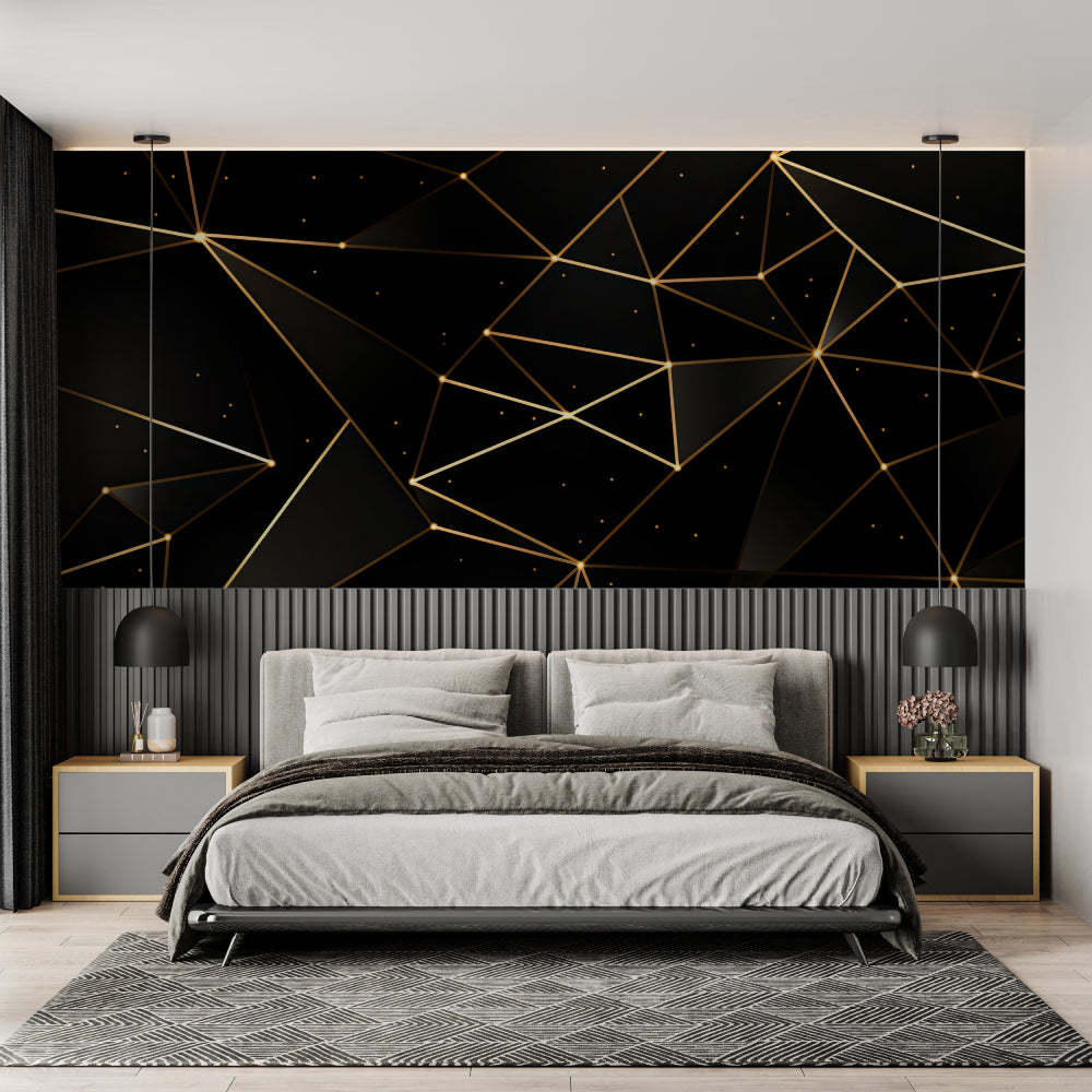 Modern home office featuring geometric constellation wallpaper in black and gold