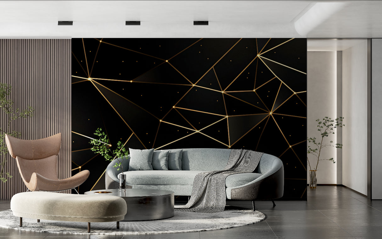 Contemporary hallway with black and gold geometric wall mural