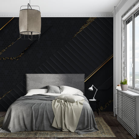 Black and gold geometric wallpaper in modern living room creates sophisticated atmosphere