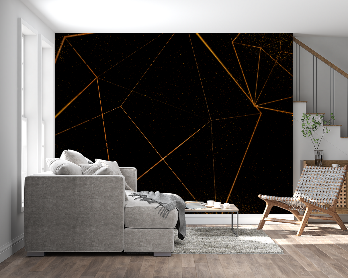 Hallway showcasing black and gold geometric wall mural in evening light