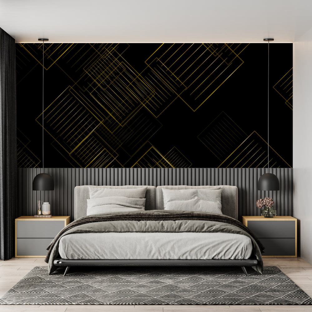 Geometric black and gold wallpaper in modern living room creating bold architectural impact