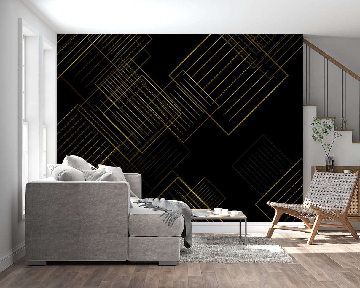 Black and gold geometric wall mural adding luxury to master bedroom wall