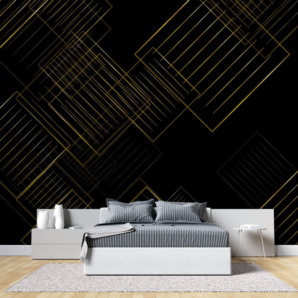 Modern office space featuring geometric linear pattern wallpaper in black and gold