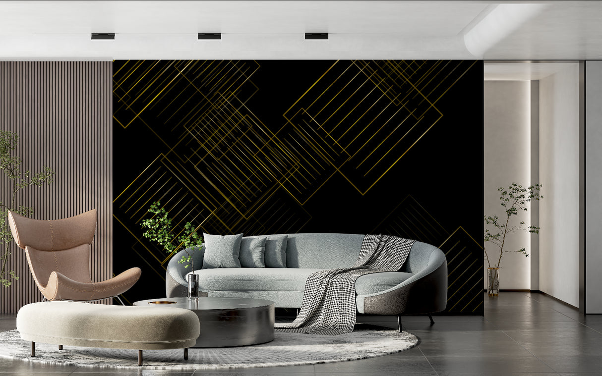 Hotel lobby showcasing dramatic geometric wallpaper with gold accents