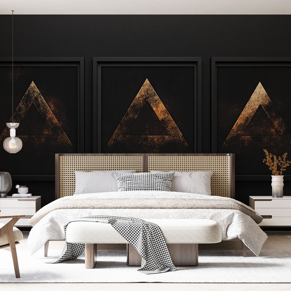 Modern geometric black and gold wallpaper creating drama in a luxury living room with high ceilings and modern furniture