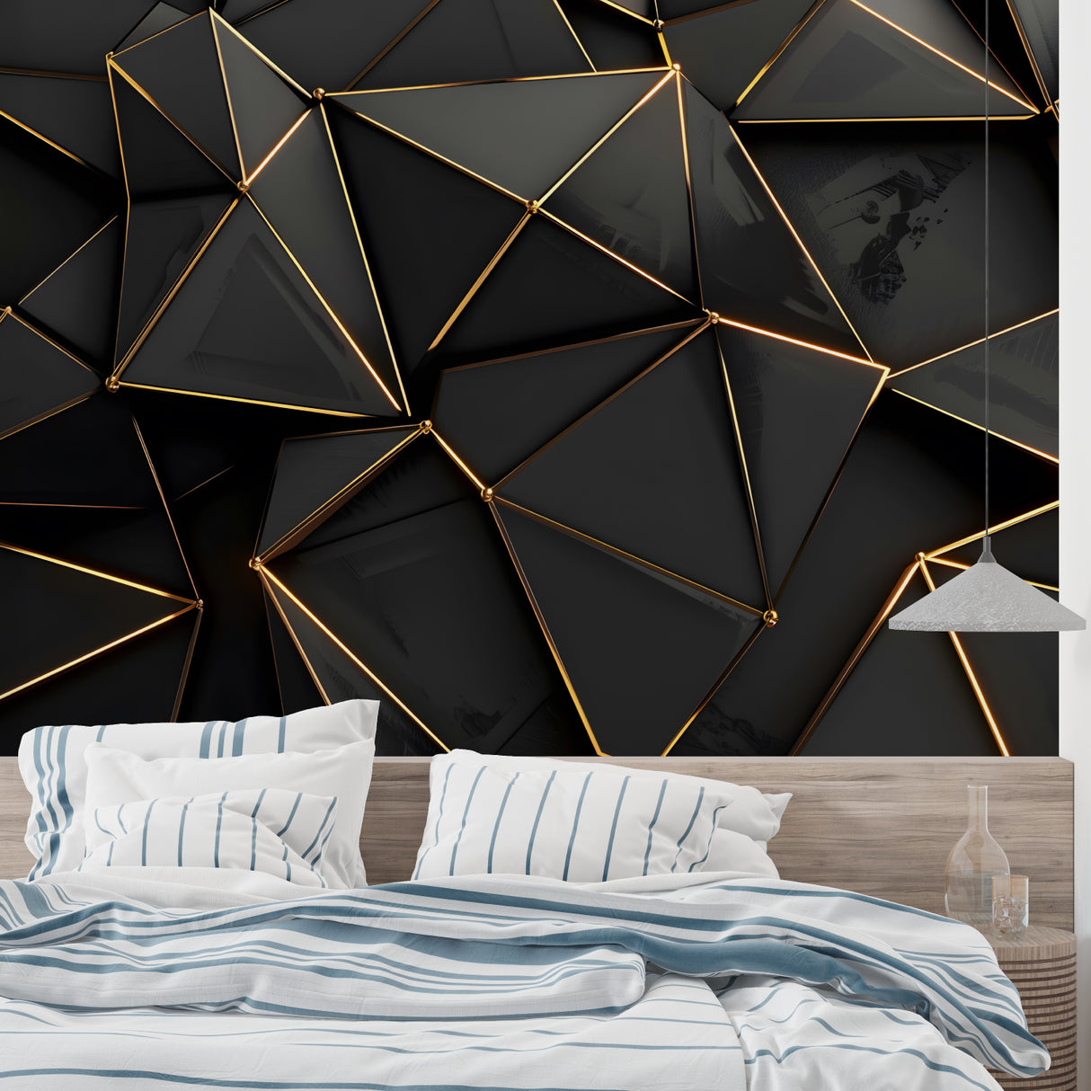 Black and gold geometric wallpaper creating depth in a modern living room with minimalist furniture