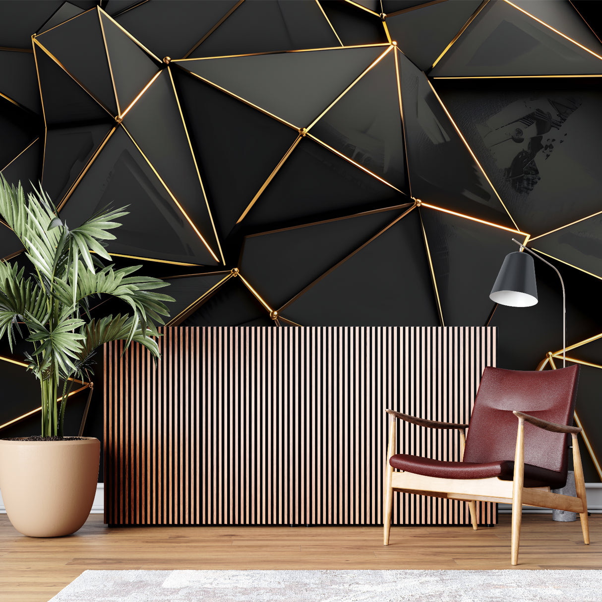 Geometric black and gold wall mural in an elegant master bedroom with ambient lighting