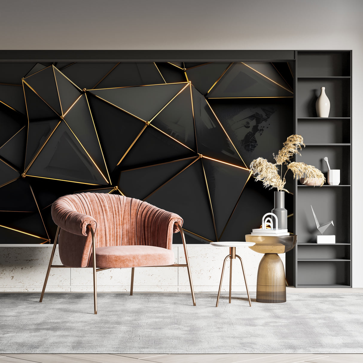 Modern office space featuring black and gold triangle pattern wallpaper with natural lighting