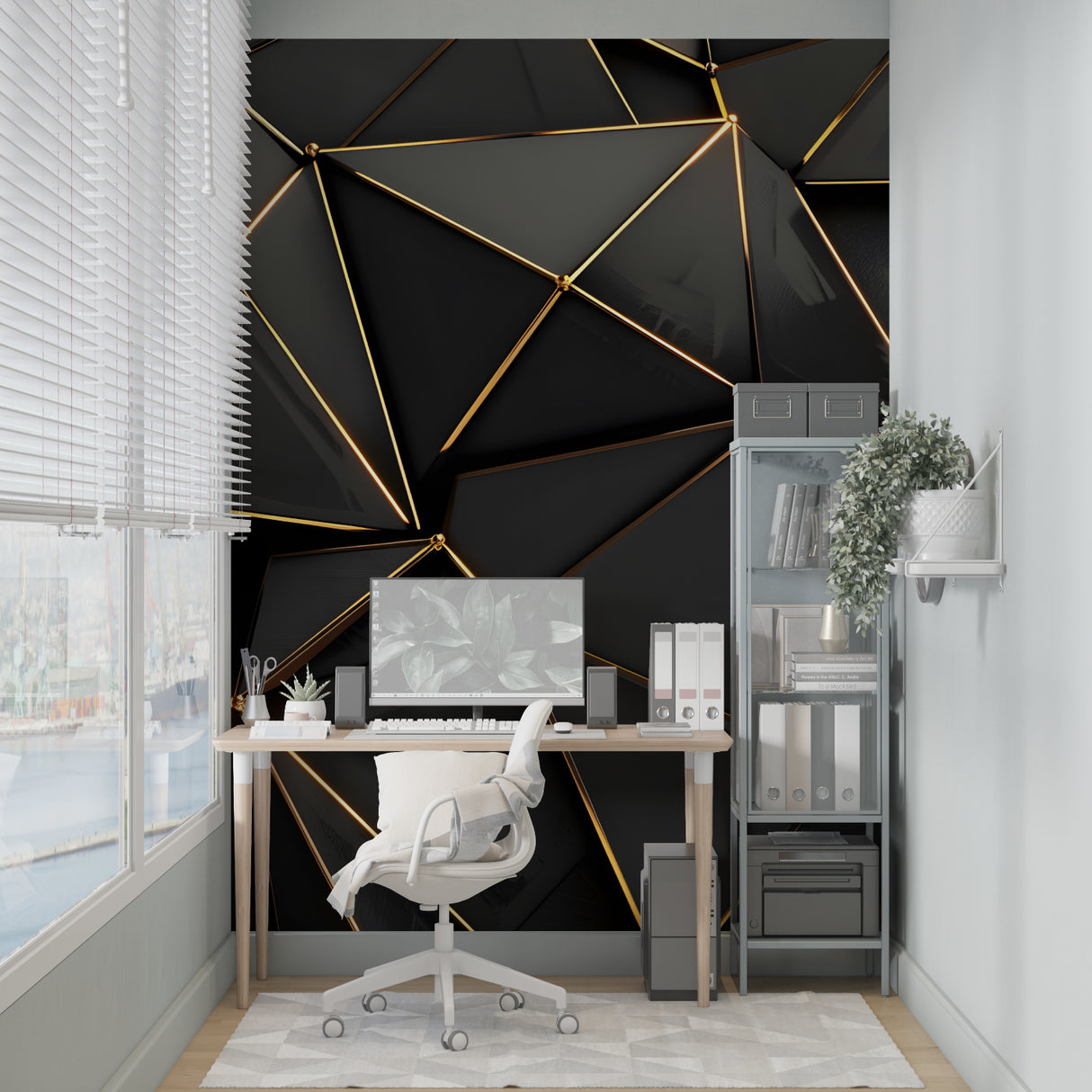 Luxury dining room showcasing geometric black and gold wallpaper with pendant lights
