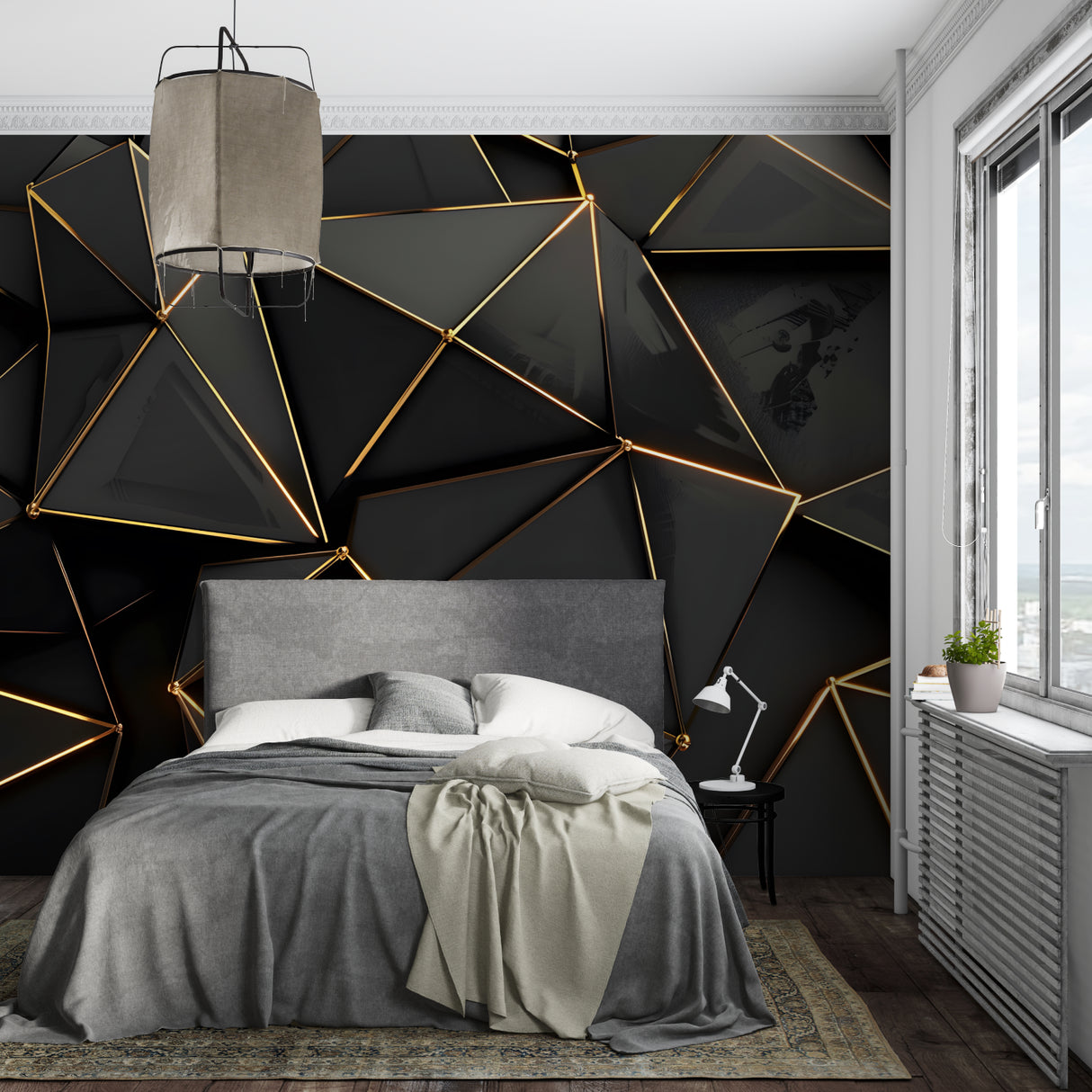 Contemporary hallway with black and gold geometric wall mural creating visual interest