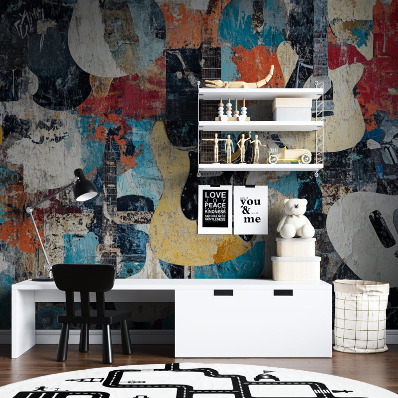 Black and white geometric wallpaper adding style to a dining room wall