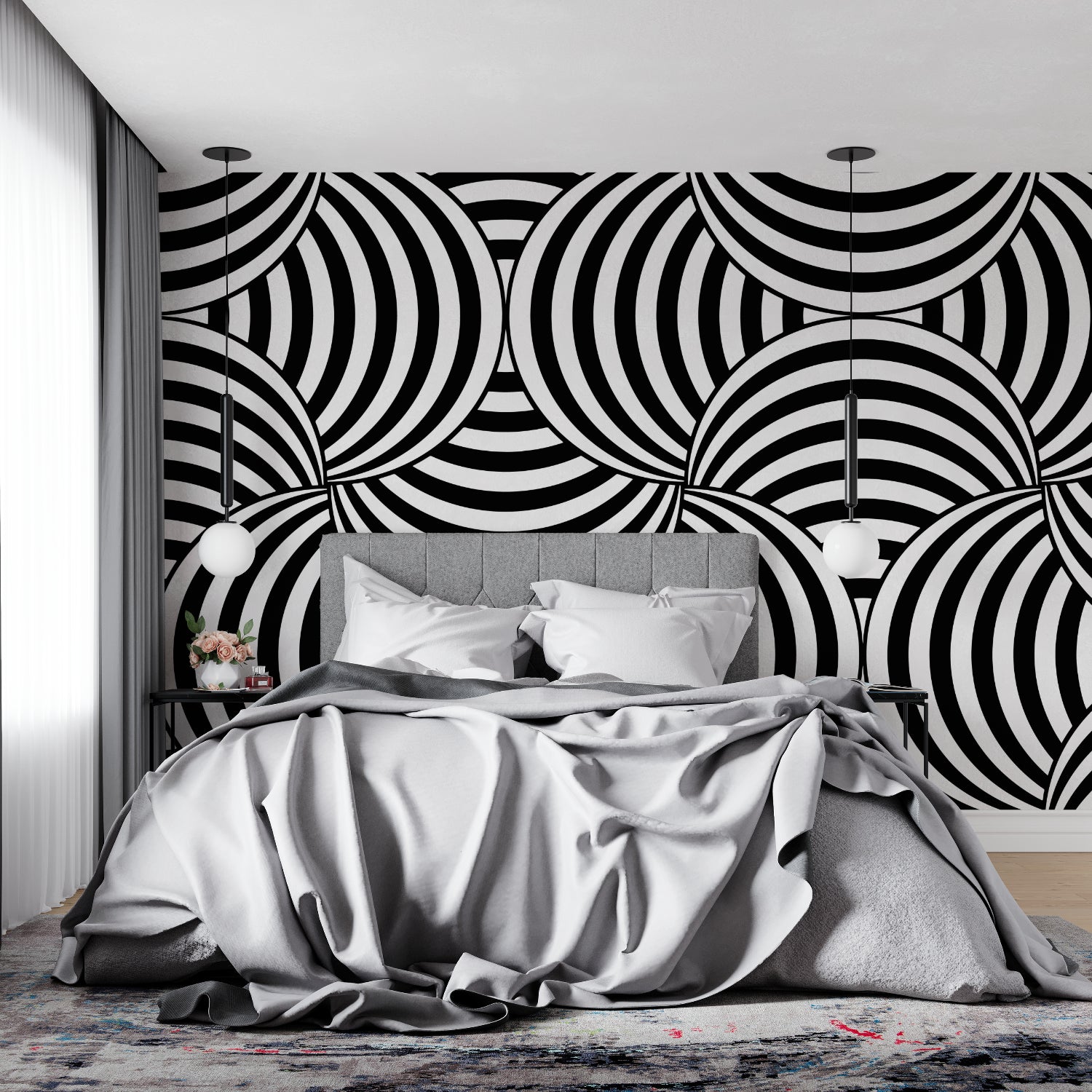 Modern black and white geometric wallpaper in minimalist living room creating dramatic focal wall