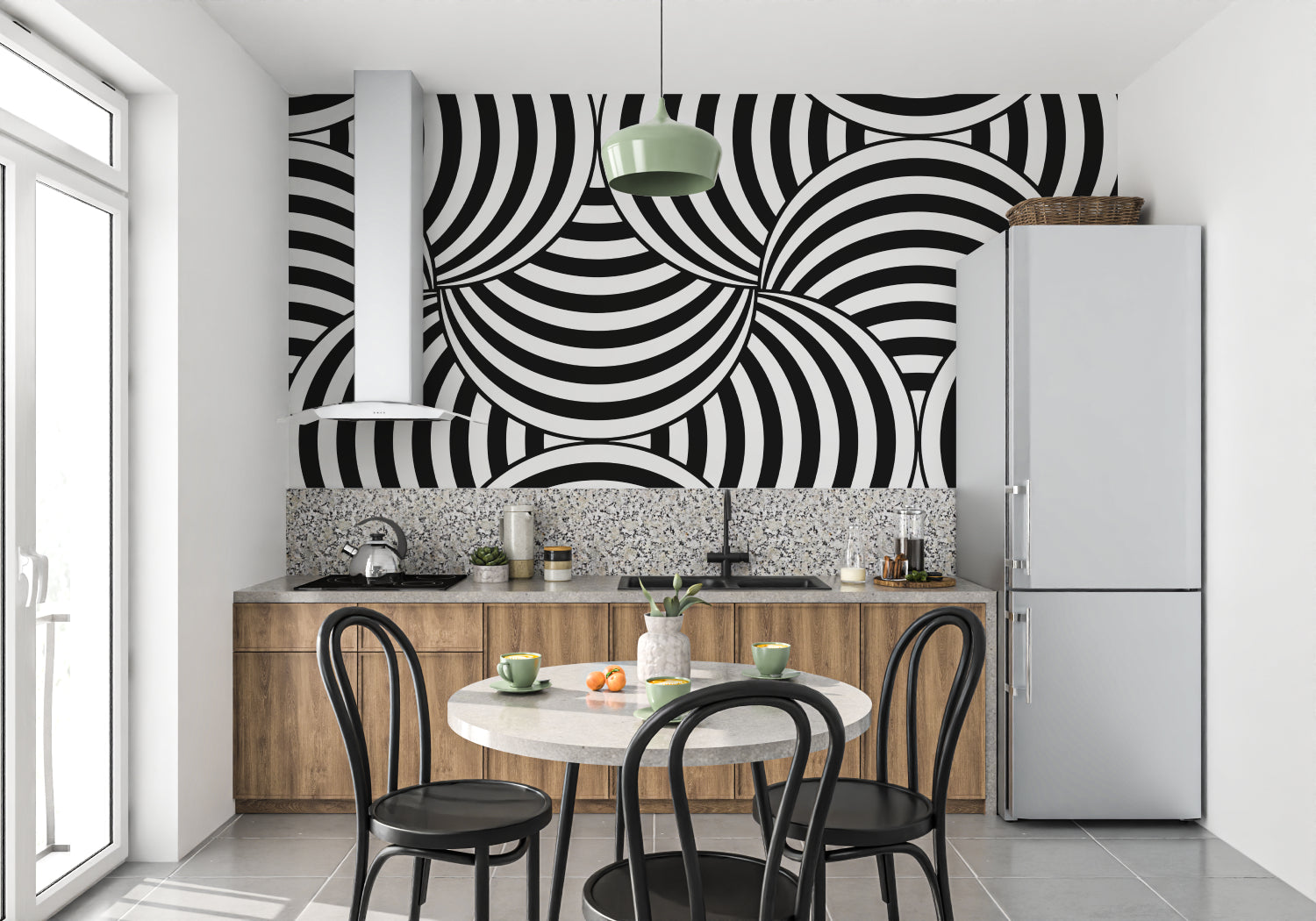 Geometric optical illusion wallpaper adding depth to contemporary dining room