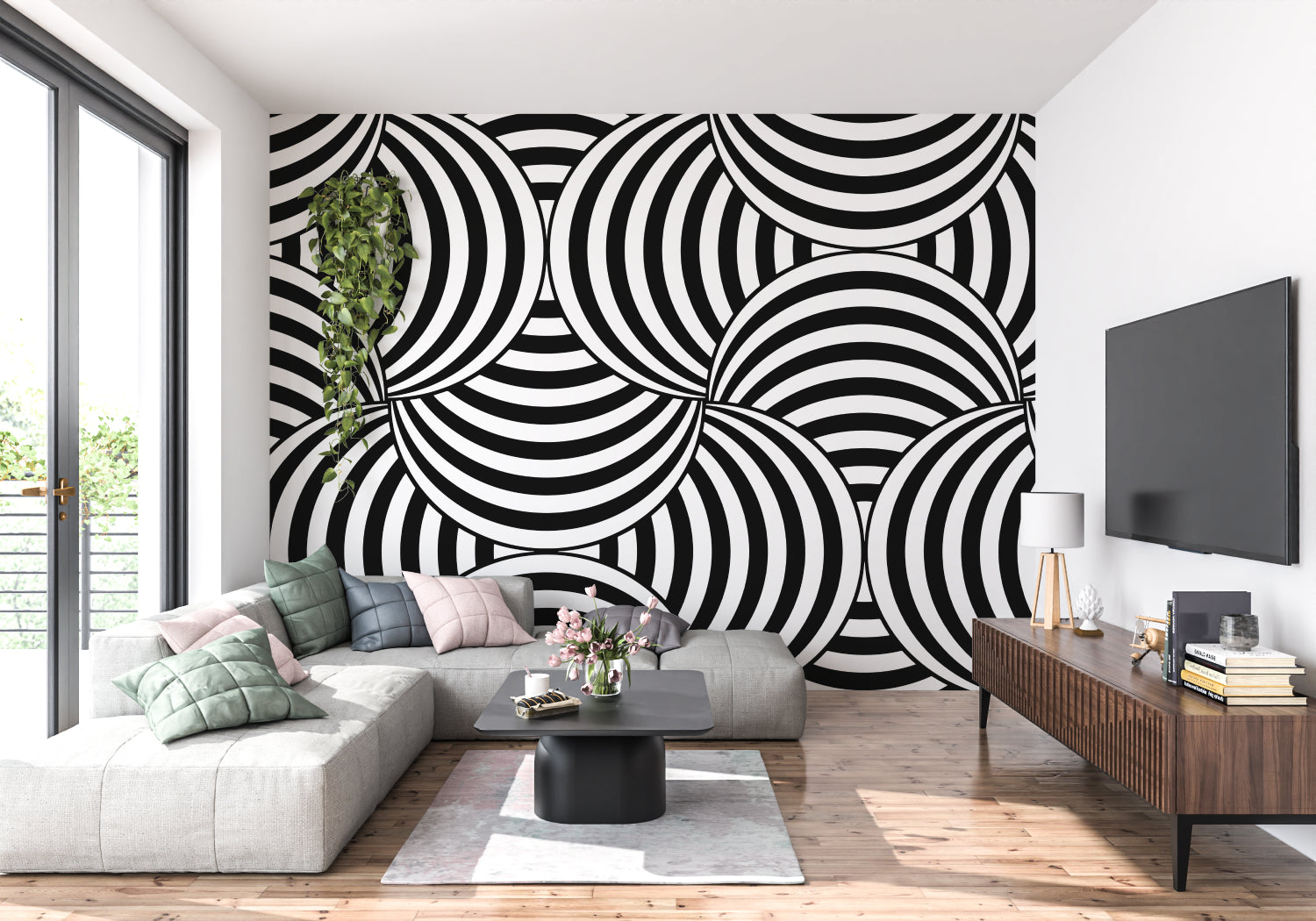 Black and white pattern wallpaper making statement in modern home office setup