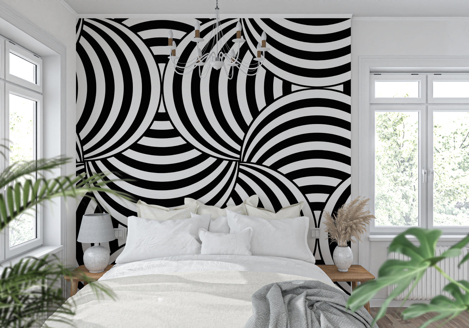 Striking geometric wall mural bringing visual interest to minimalist bedroom