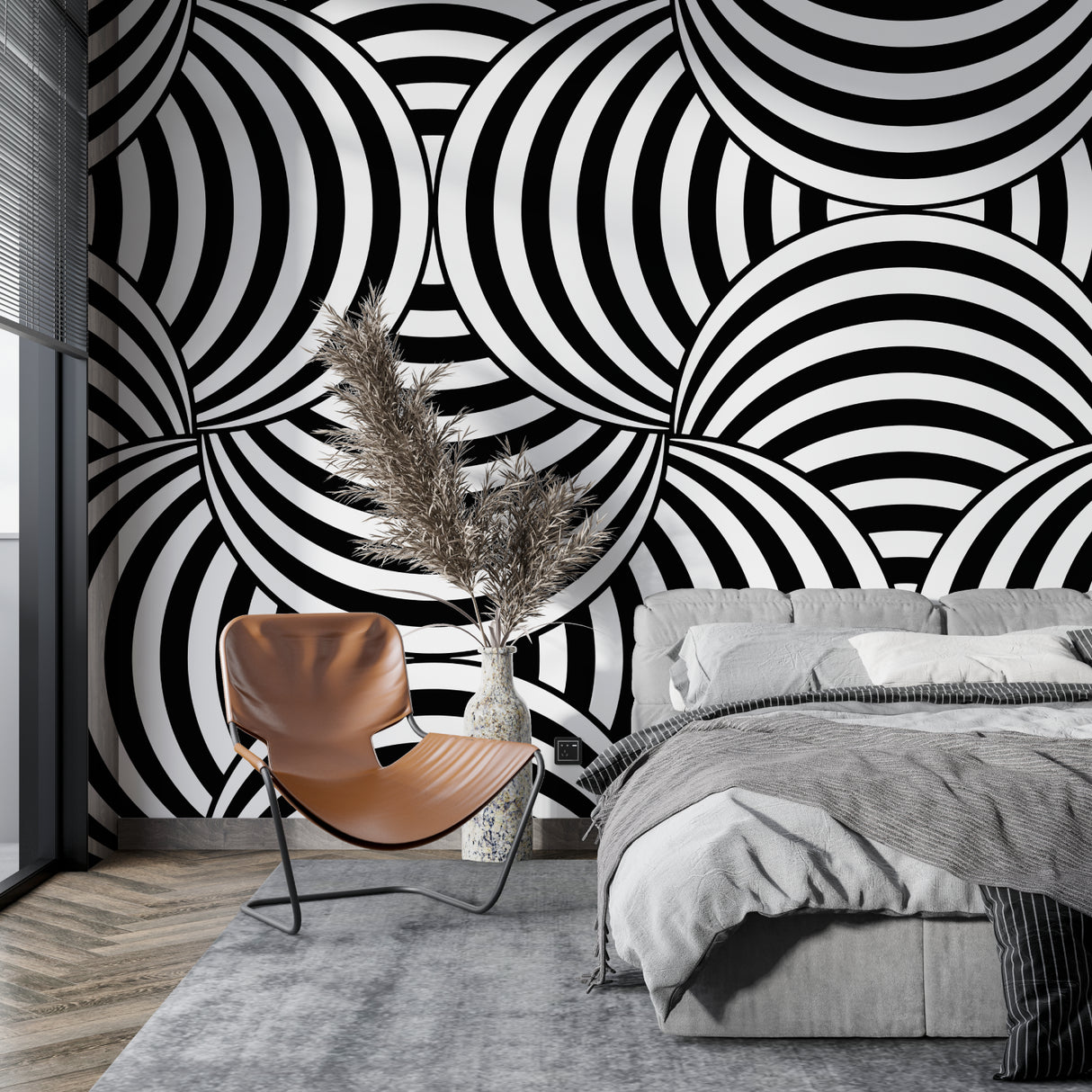 Modern optical pattern adorning sleek hallway wall with dramatic lighting