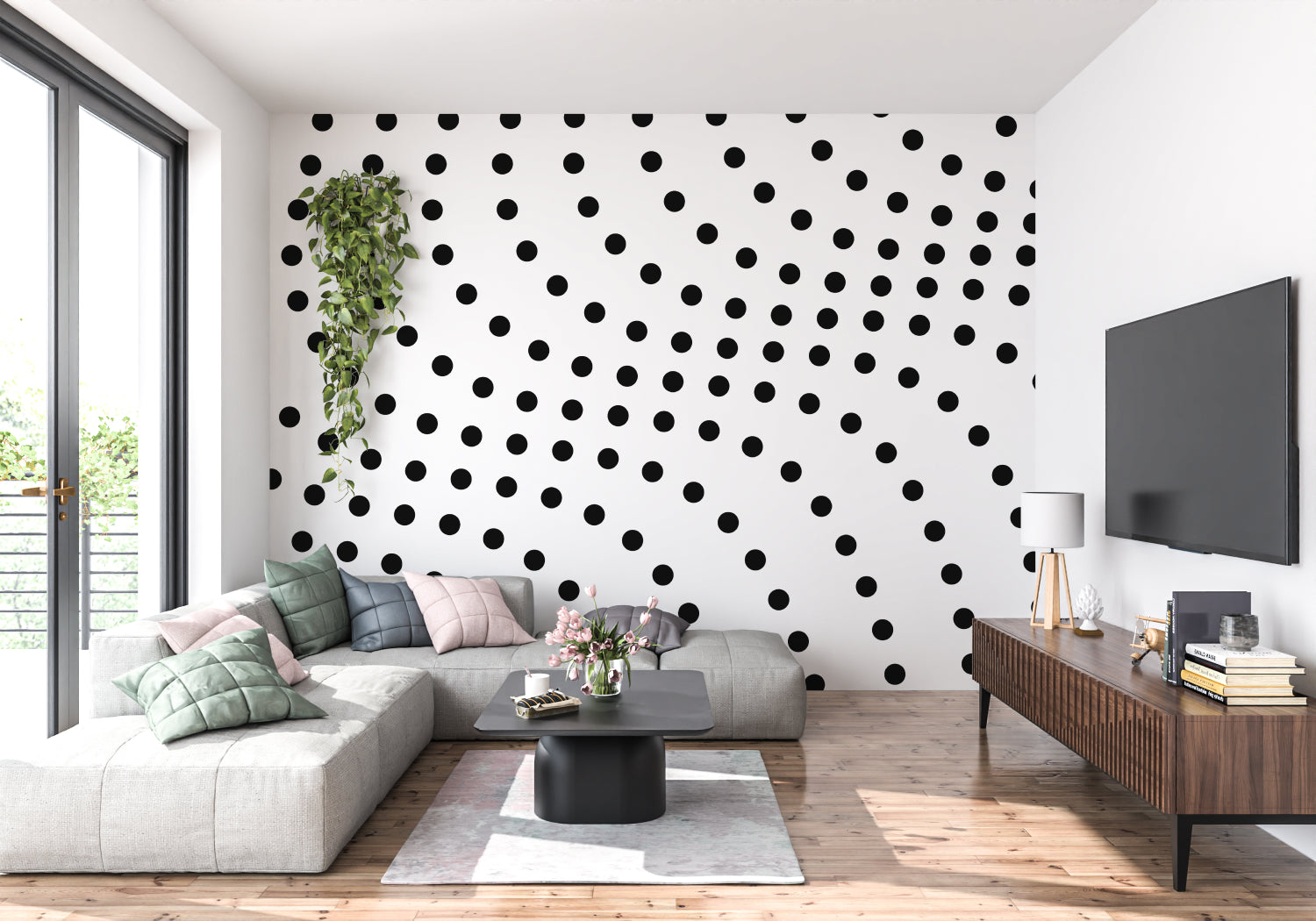 Monochrome geometric wallpaper bringing style to an entrance hallway