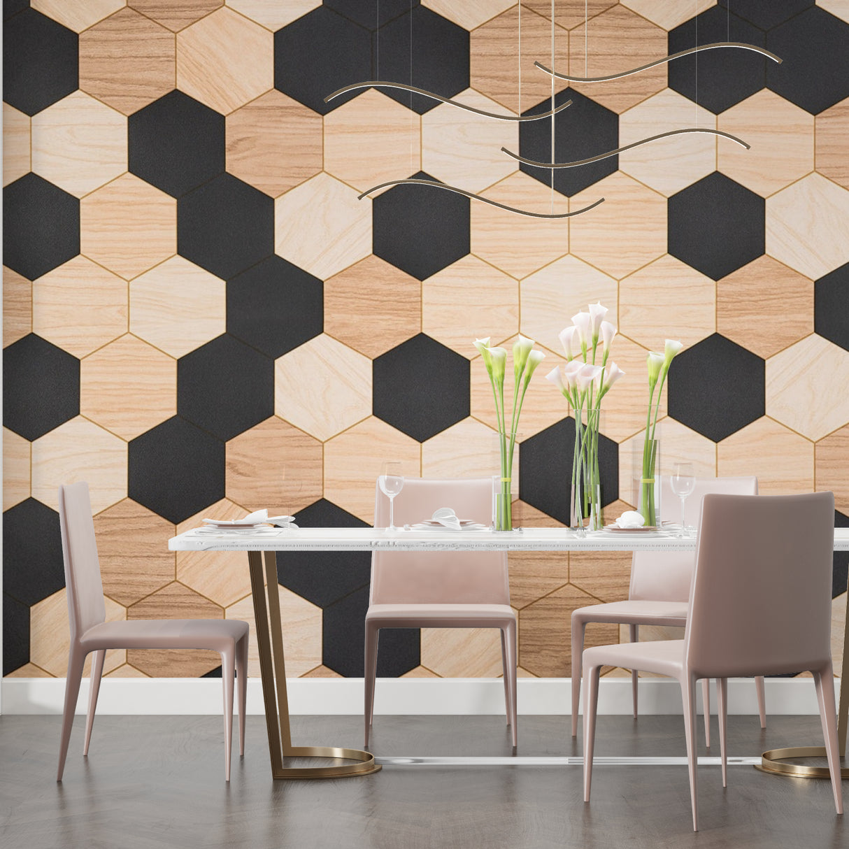 Black and wood hexagon wallpaper pattern featured in a contemporary office space