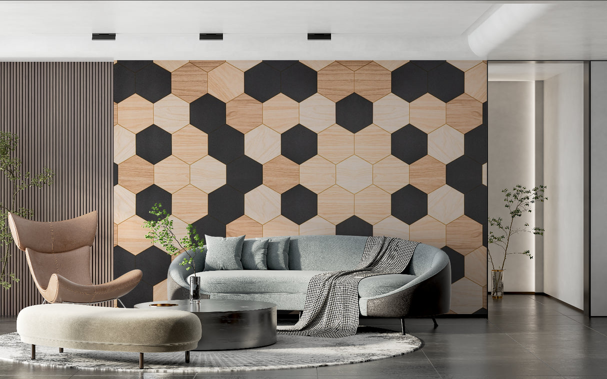 Geometric wall mural creating depth in a modern dining room setting