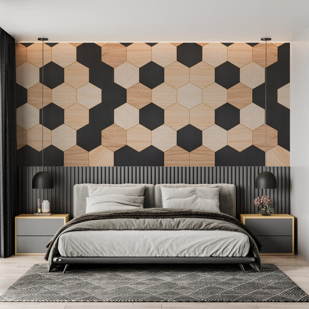 Wood and black hexagon pattern wallpaper displayed in an industrial-style bedroom