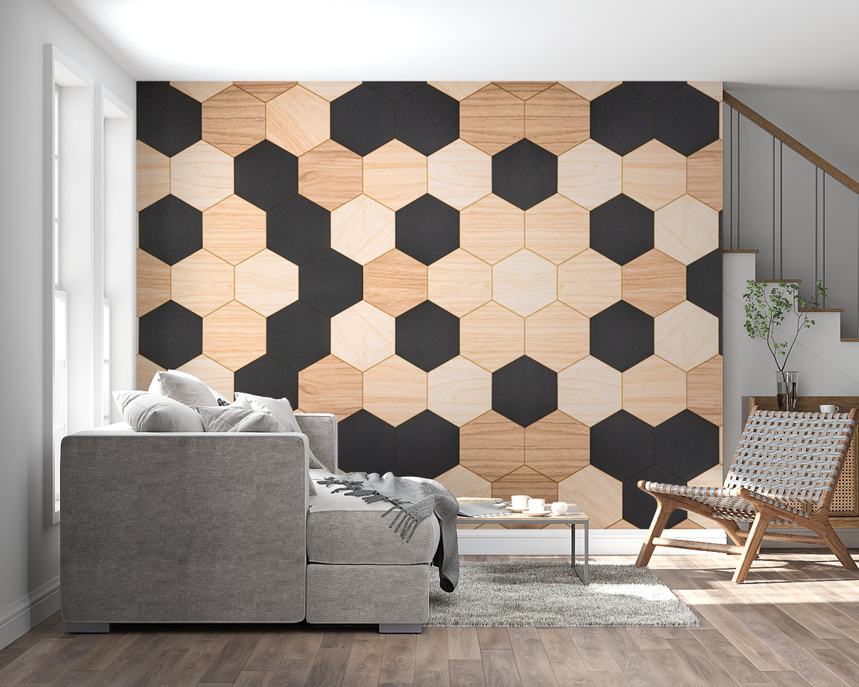 Hexagonal geometric wallpaper adding warmth to a contemporary home office
