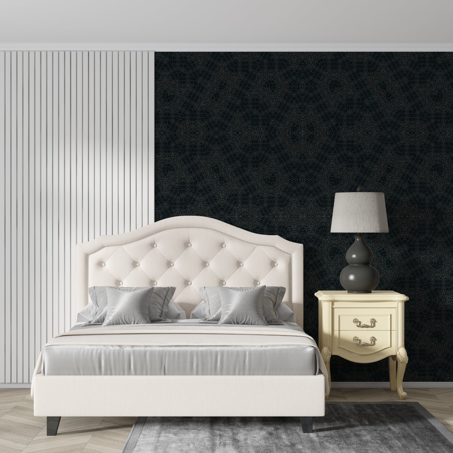 Black geometric Art Deco wallpaper in modern dining room with dramatic lighting