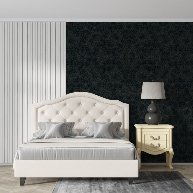 Black geometric Art Deco wallpaper in modern dining room with dramatic lighting