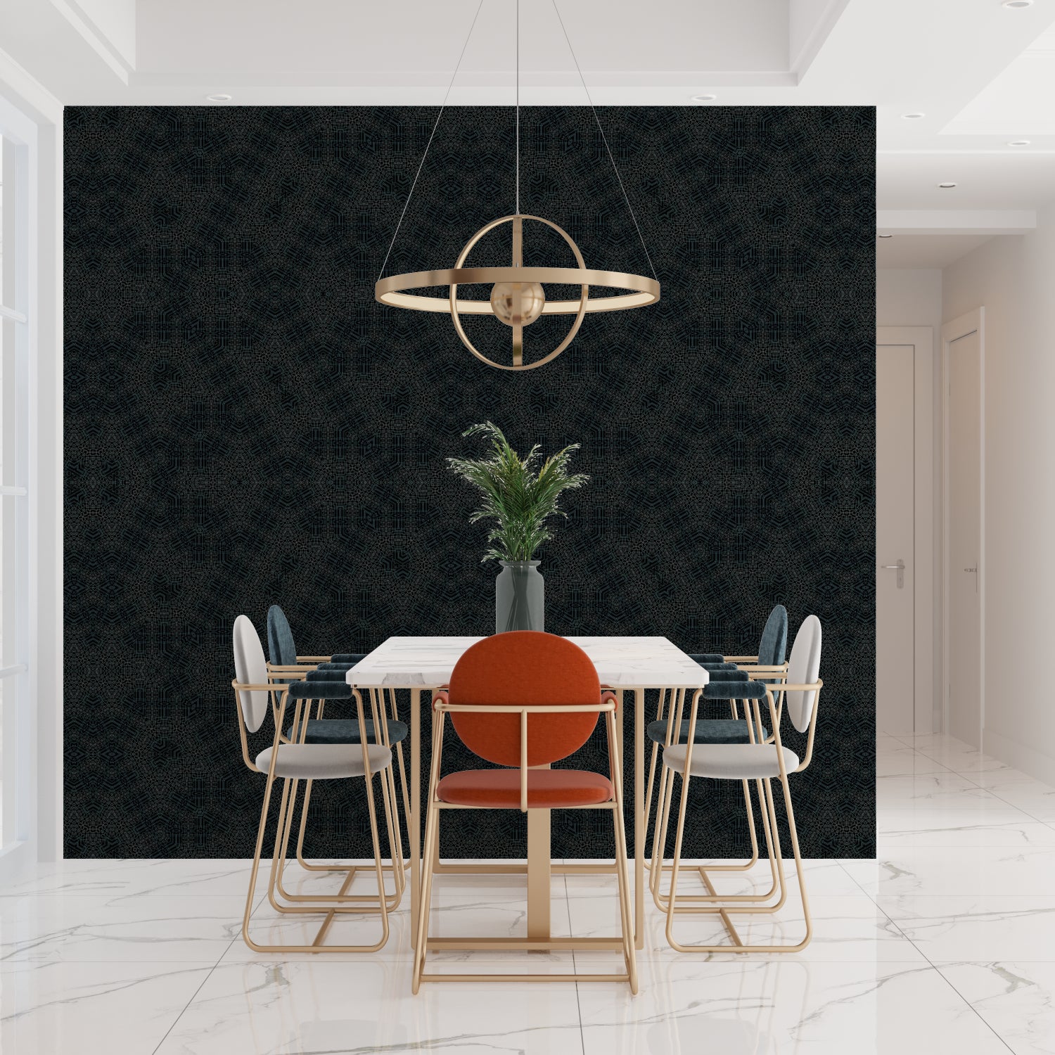 Art Deco geometric pattern mural in luxury hotel lobby setting