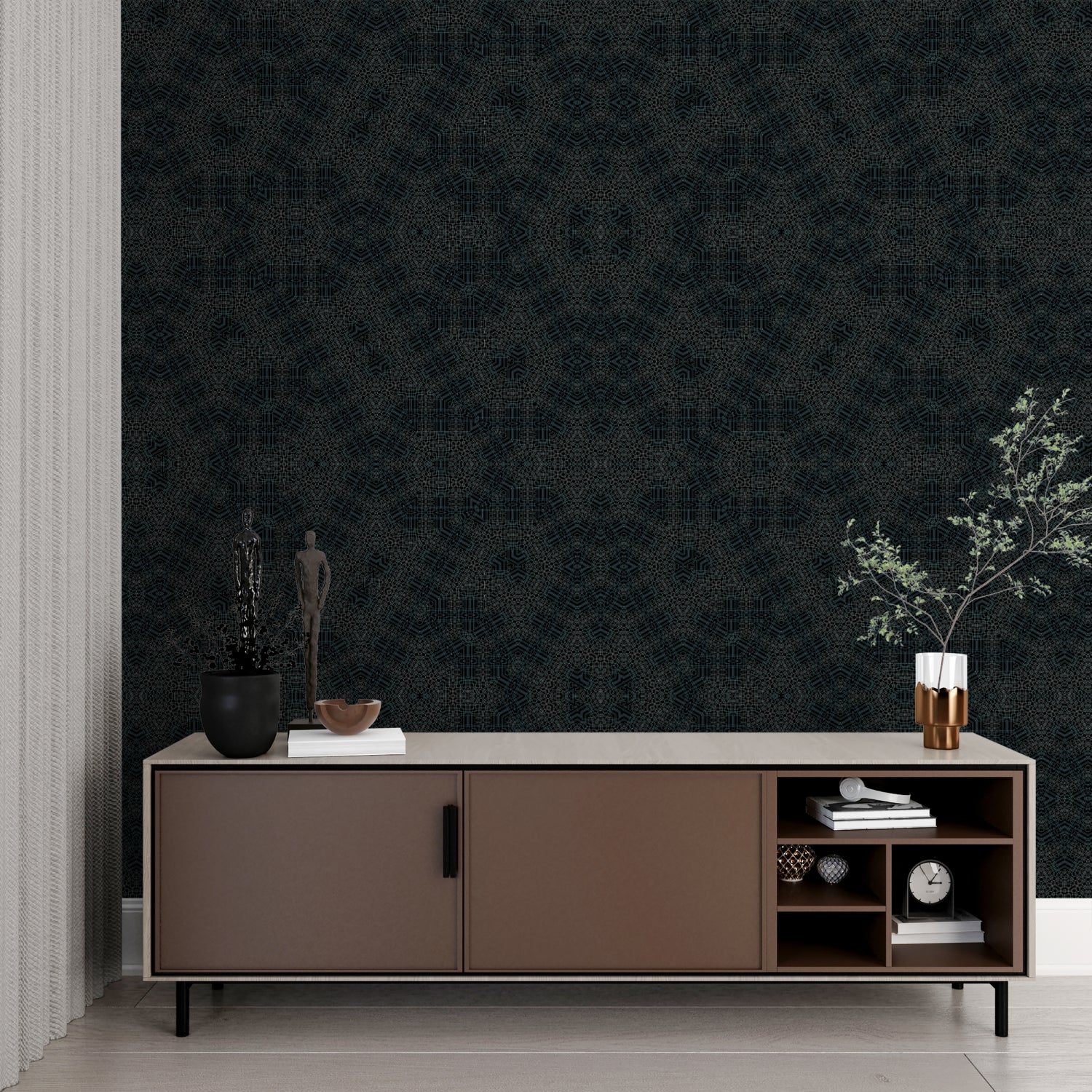 Master bedroom with black Art Deco geometric wall mural creating depth