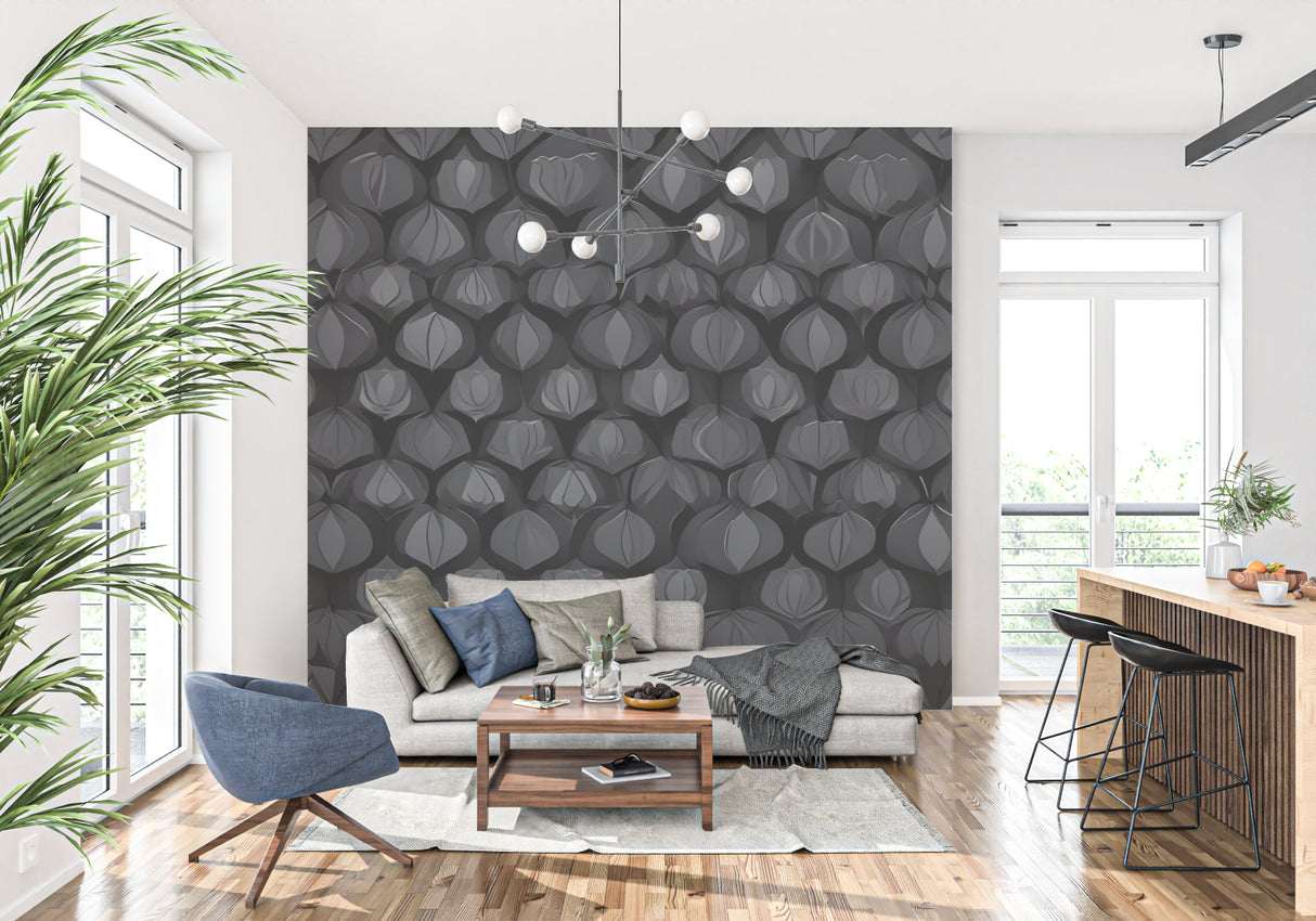 Black geometric Art Deco wallpaper in modern living room with grey sofa and minimalist decor