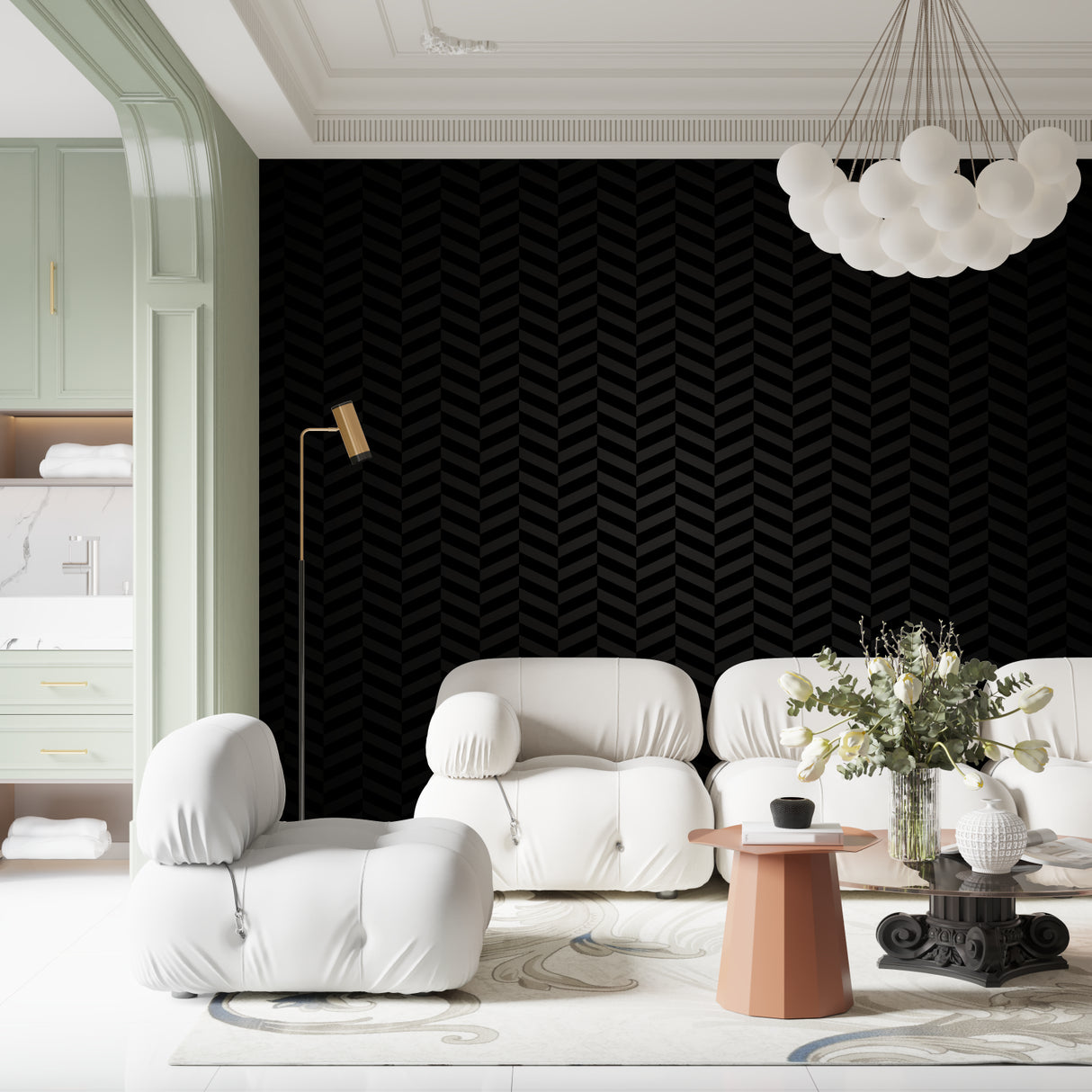 Black Chevron Wallpaper in modern dining room creating dramatic accent wall
