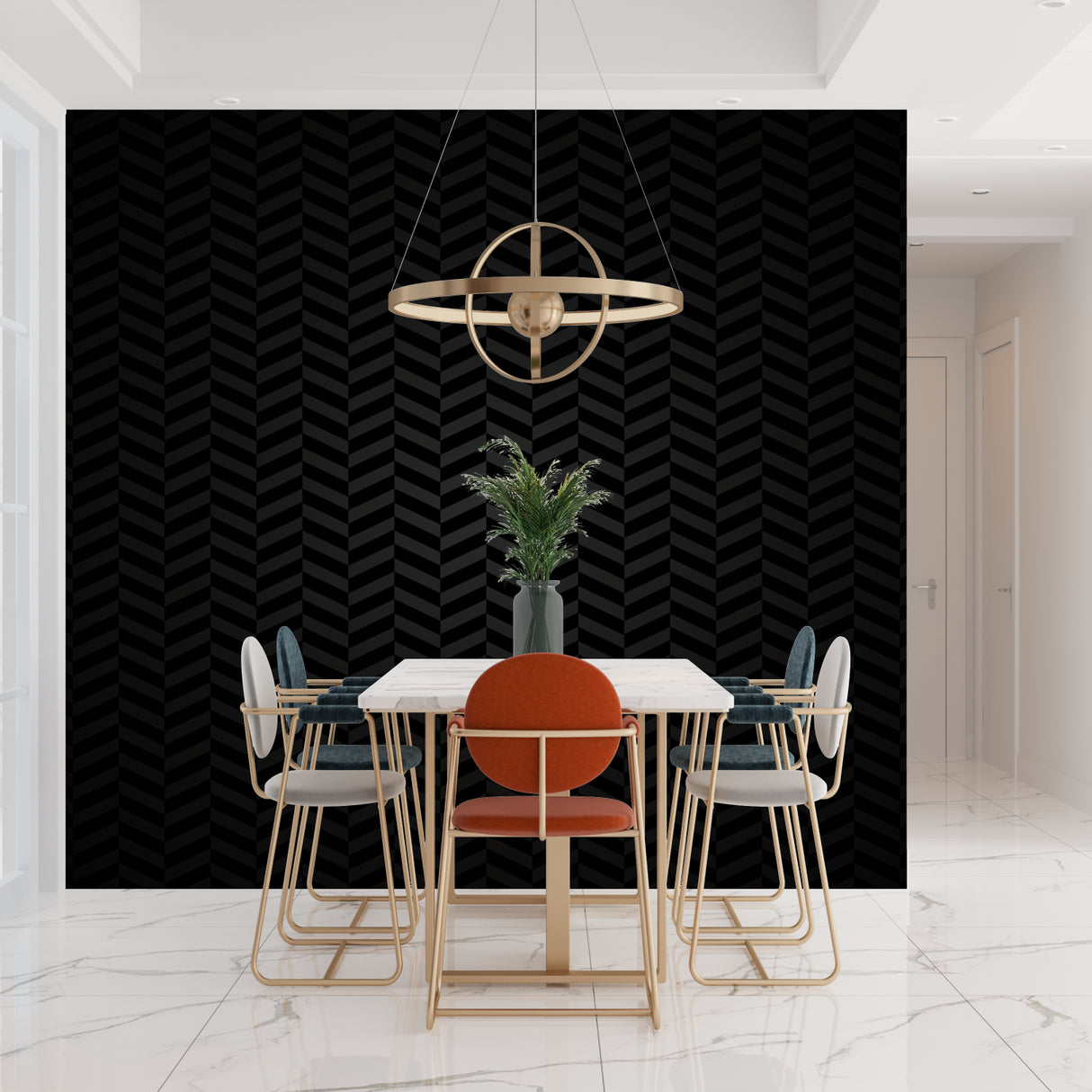 Geometric black pattern wallpaper in minimalist home office space