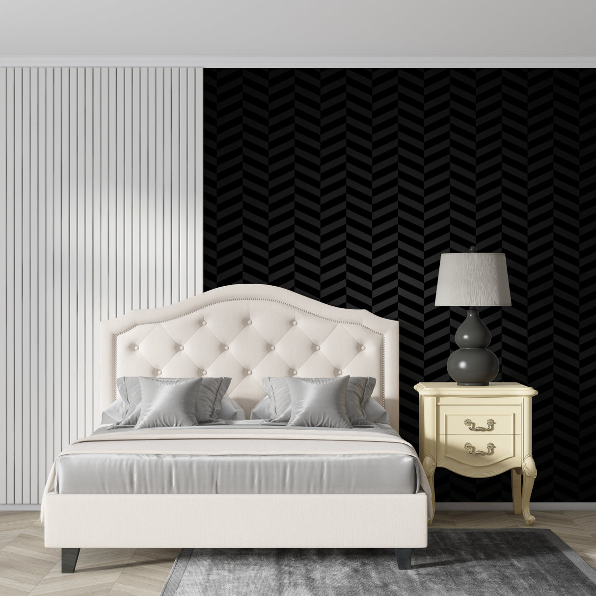 Modern black chevron wallpaper in contemporary living room setting