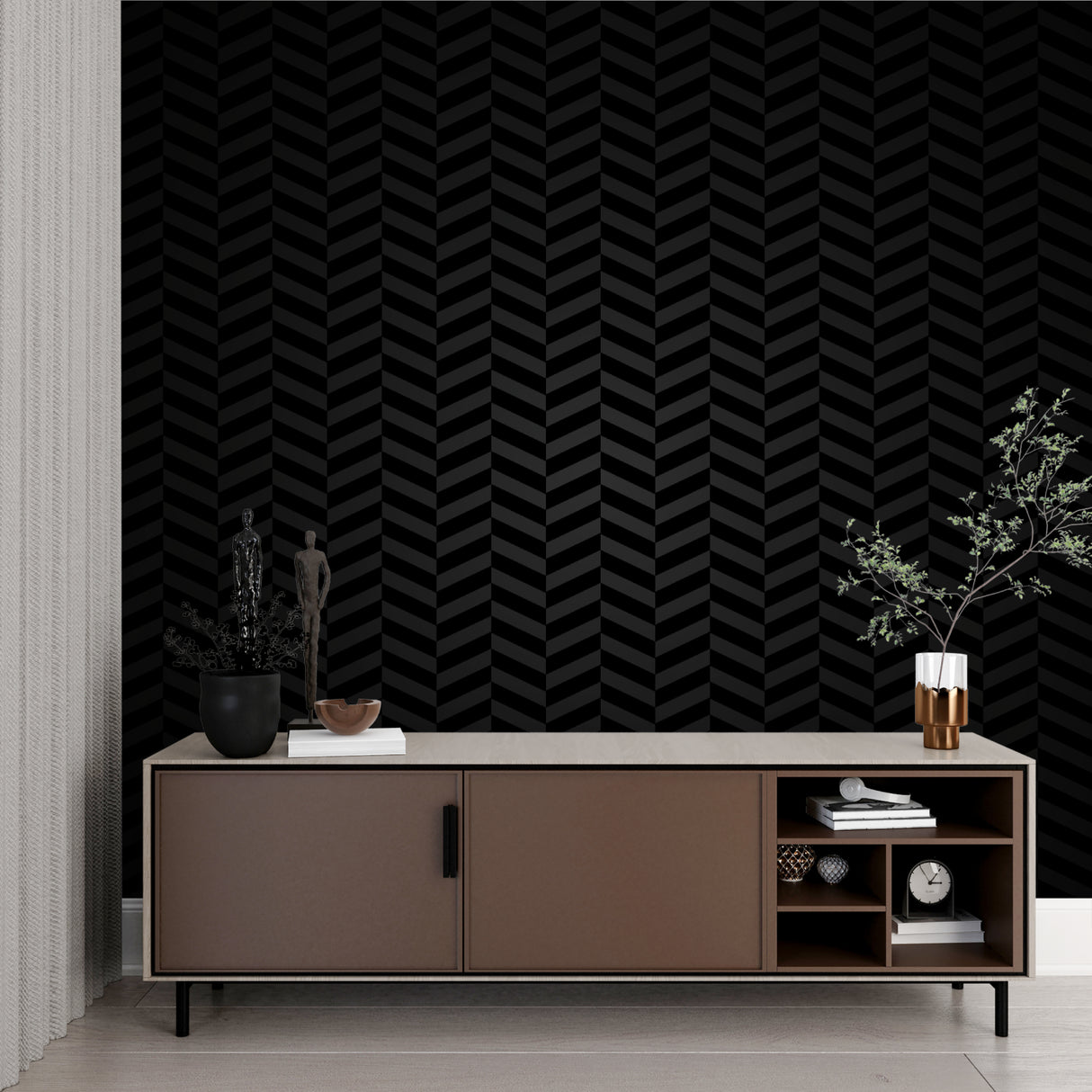 Black geometric wallpaper adding depth to master bedroom wall