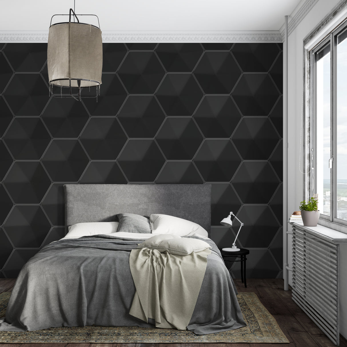 3D hexagon wallpaper in home office space creating depth with black geometric pattern