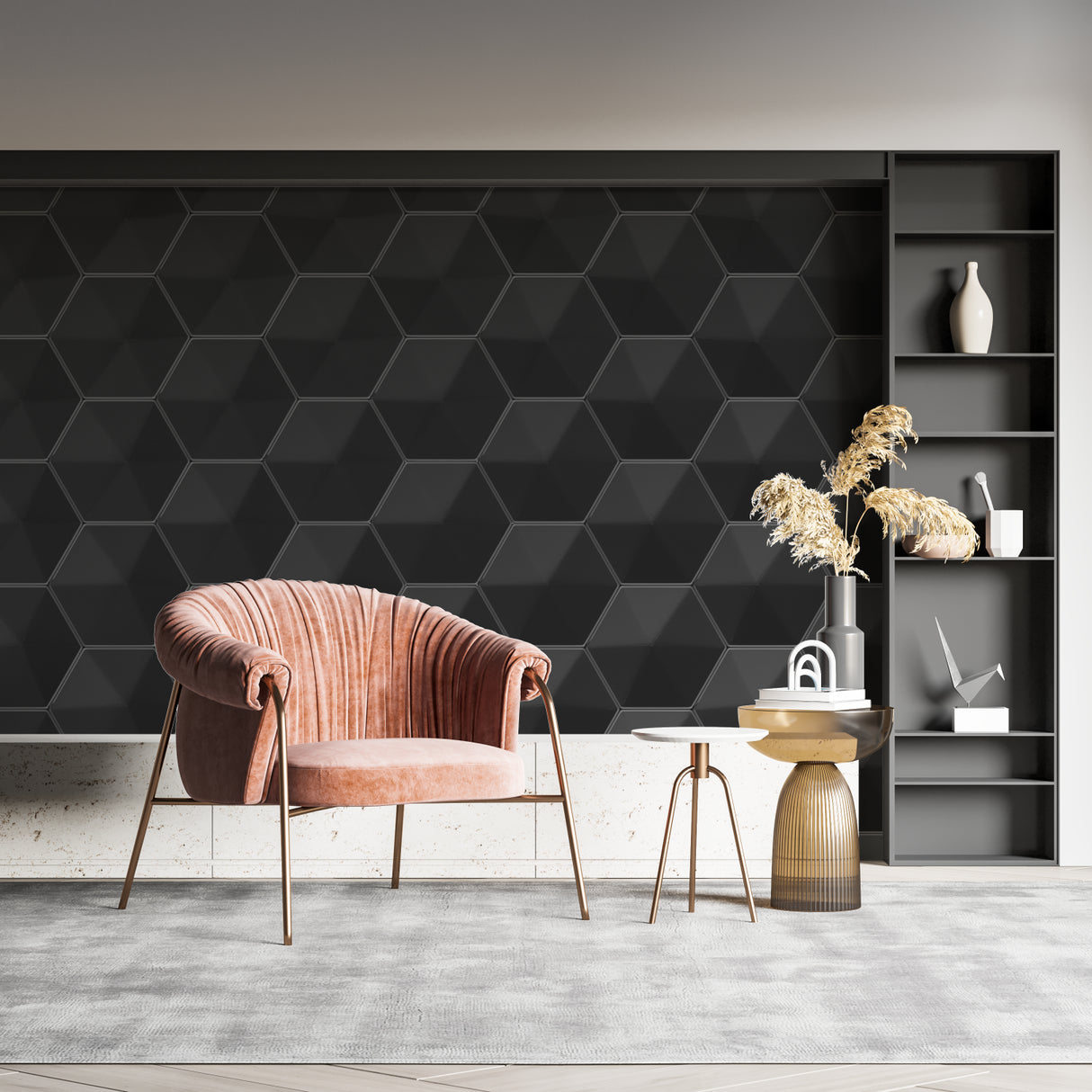 Modern dining room with black geometric wall mural showcasing 3D hexagonal design