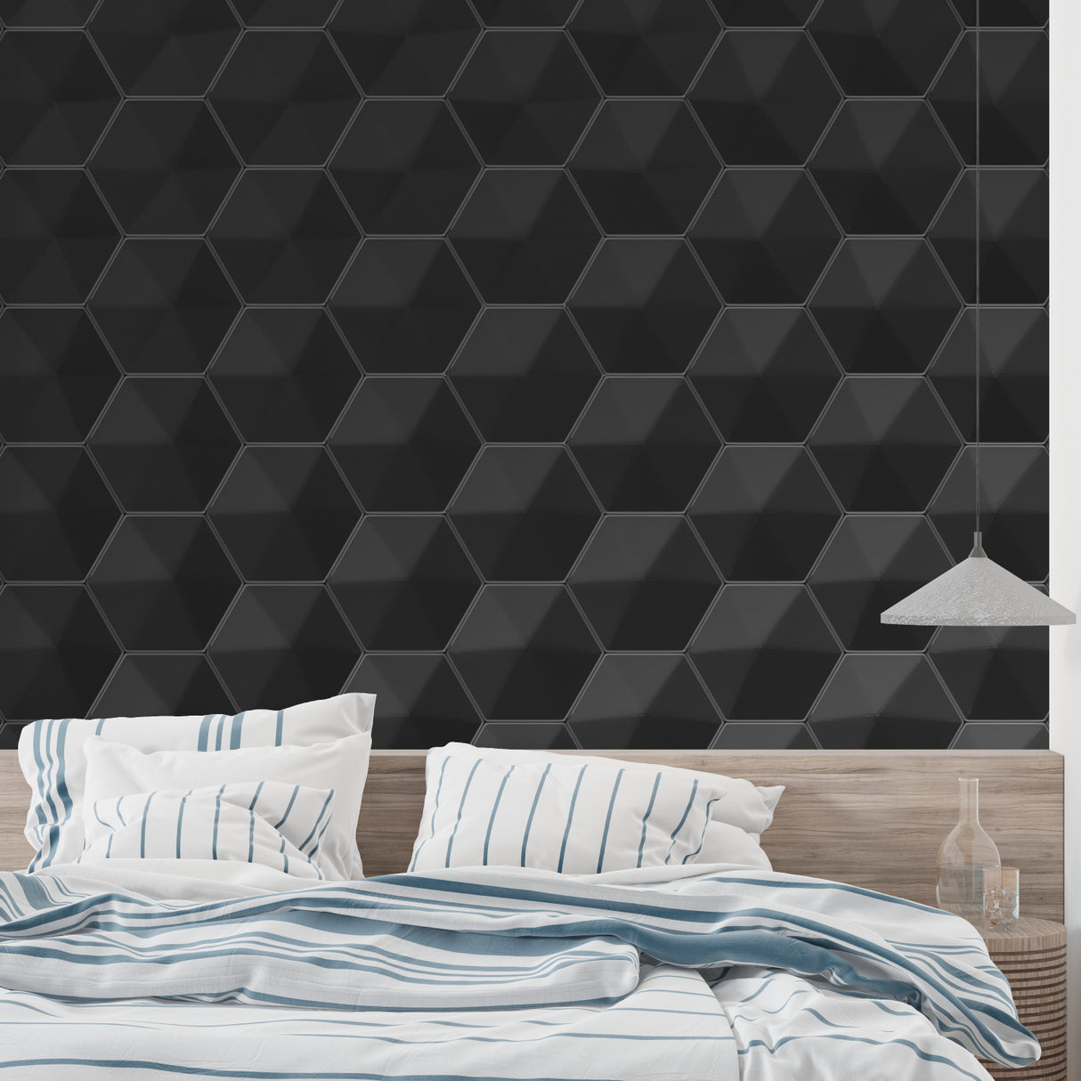 Contemporary bedroom featuring black 3D geometric wallpaper with hexagon shapes