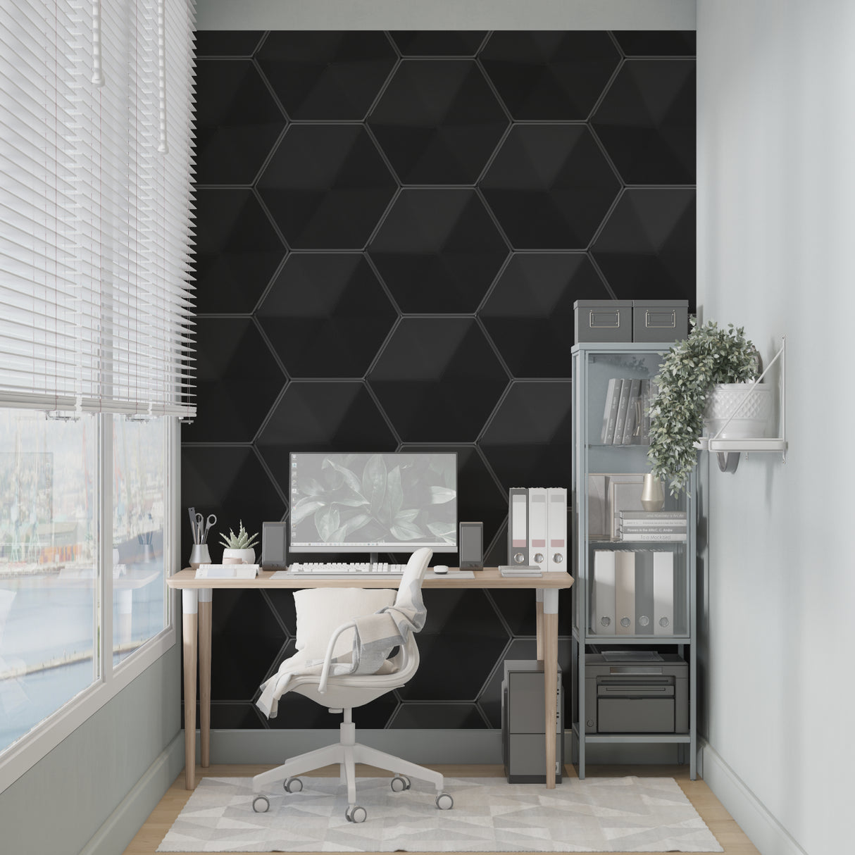 Minimalist hallway with black hexagonal pattern wallpaper creating optical depth