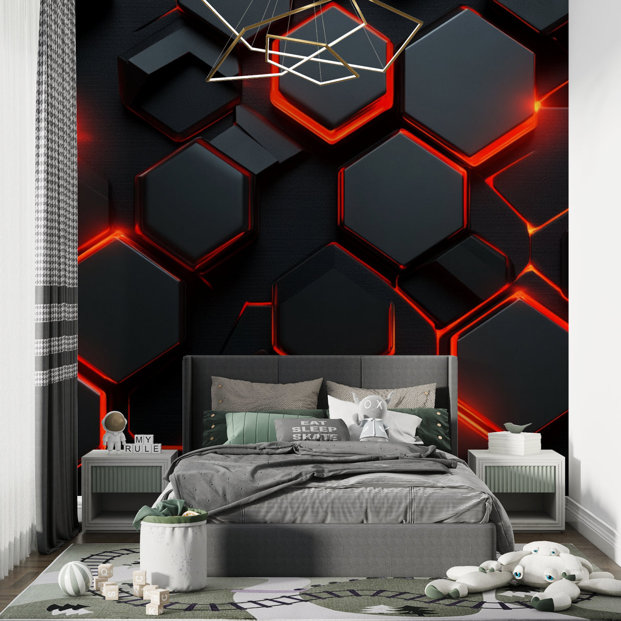 Modern gaming room with 3D geometric wallpaper featuring black hexagons and red glow, perfect for a gaming setup