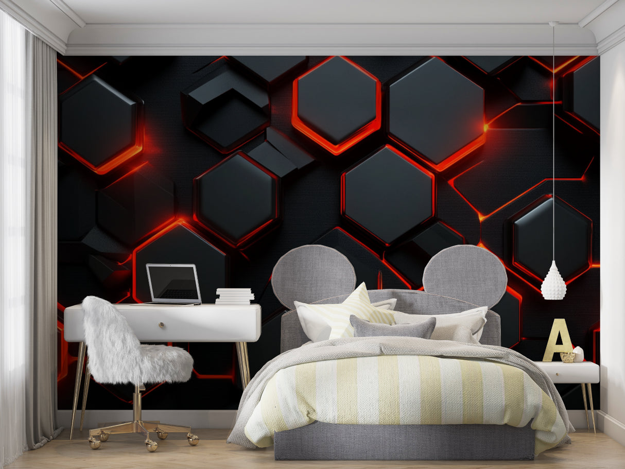 Teen bedroom with futuristic hexagon wallpaper showing glowing red details