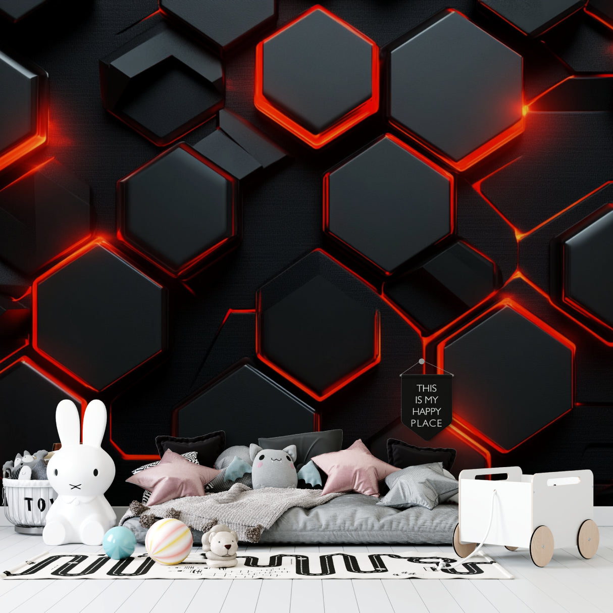 Modern office space featuring geometric black and red hexagon wallpaper