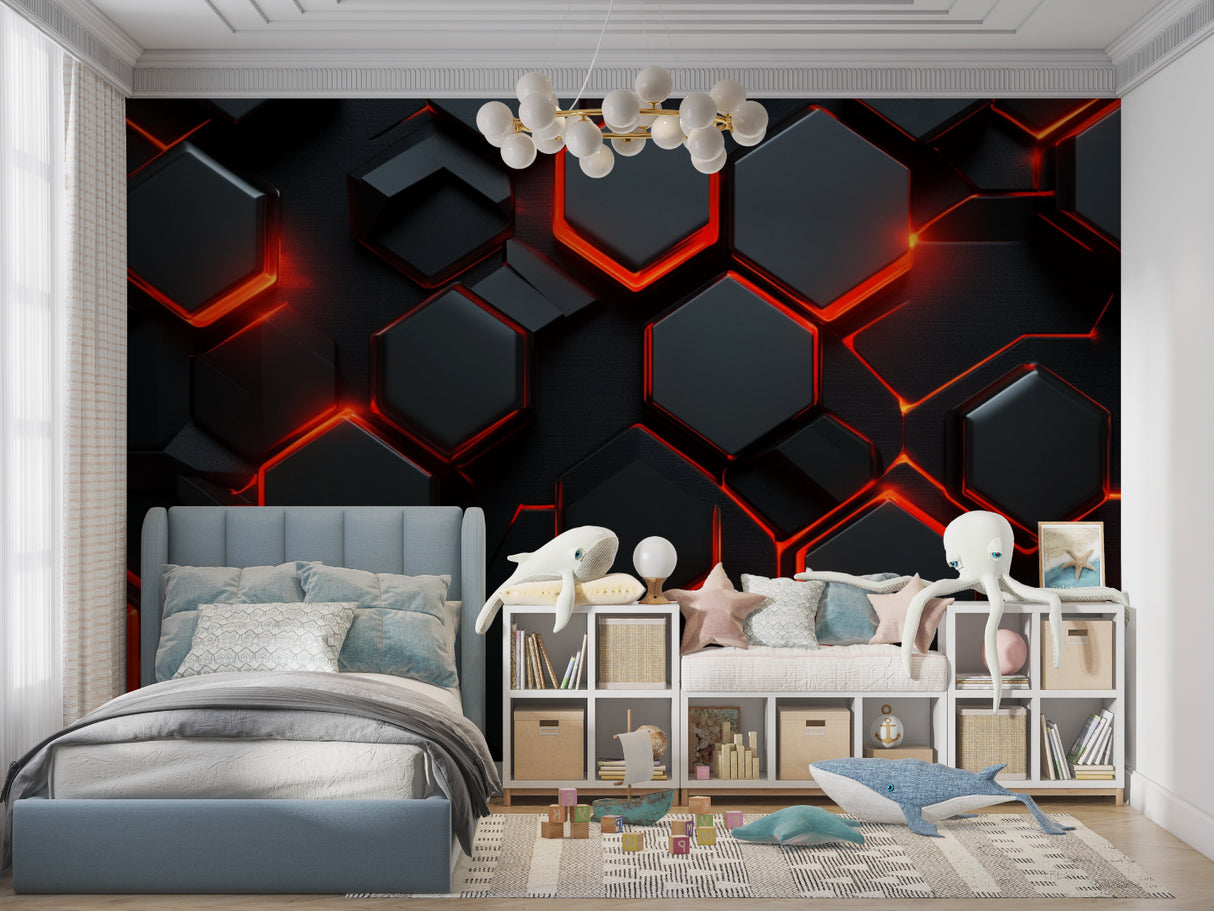 Gaming setup with 3D hexagon wallpaper creating immersive atmosphere